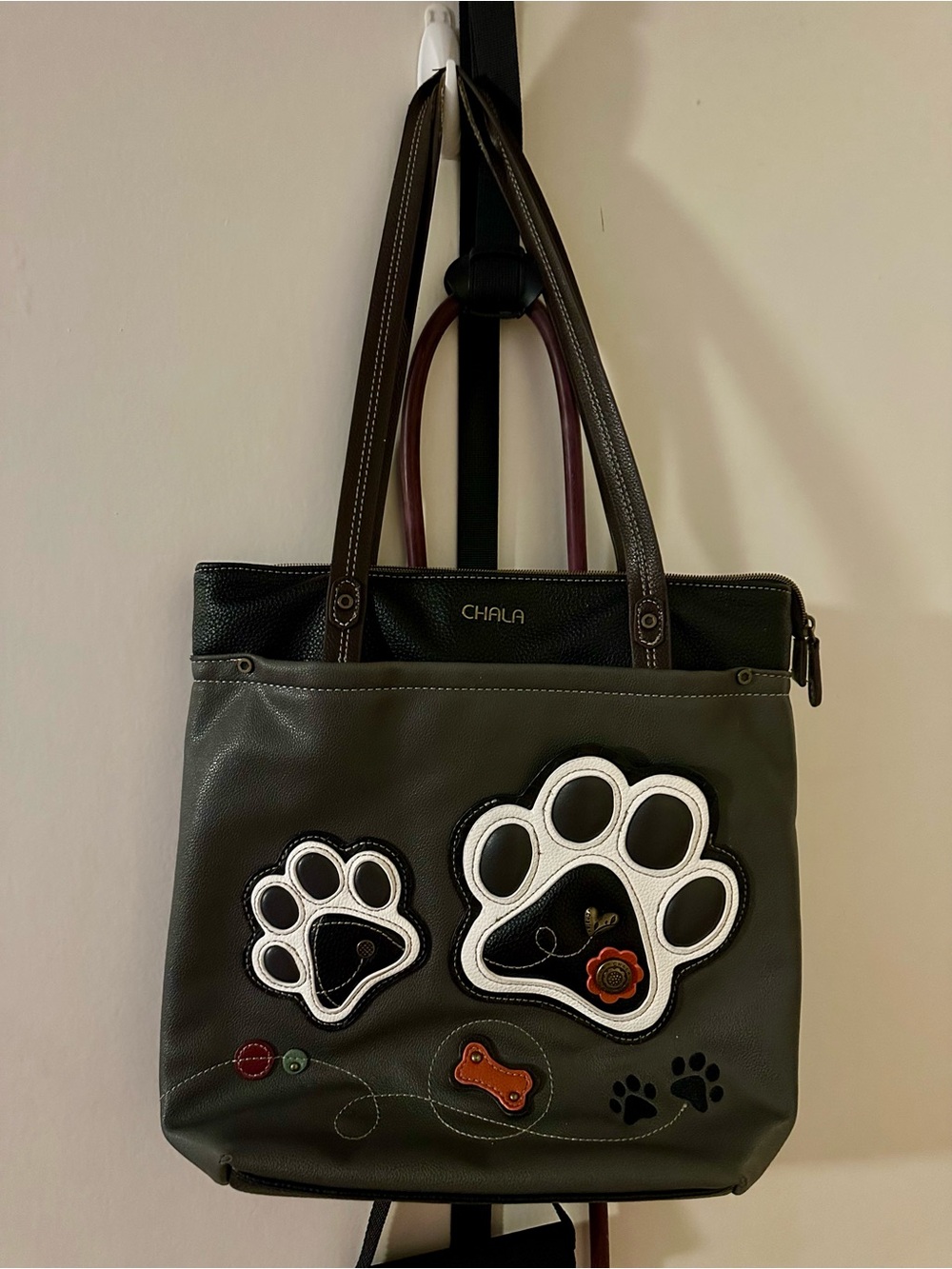 Chala Olive Green Paw Print Tote with Black & White Accents